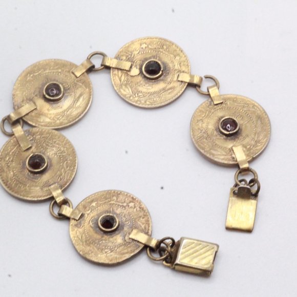 Antique Revival Sterling Silver Vermeil Coin Garnet Bracelet - Picture 5 of 8